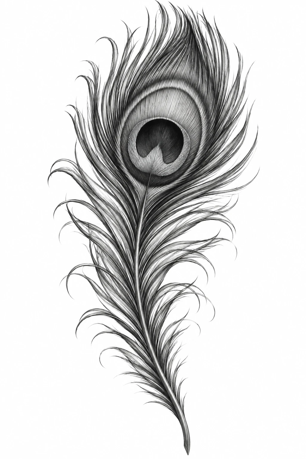 Desenho de tatuagem de Pena de pavão ornamentada, modelo NR-0841, em preto e cinza.