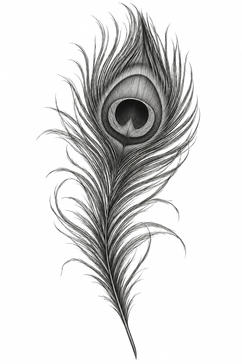 Desenho de tatuagem de Pena de pavão realista, modelo NR-0842, em preto e cinza.