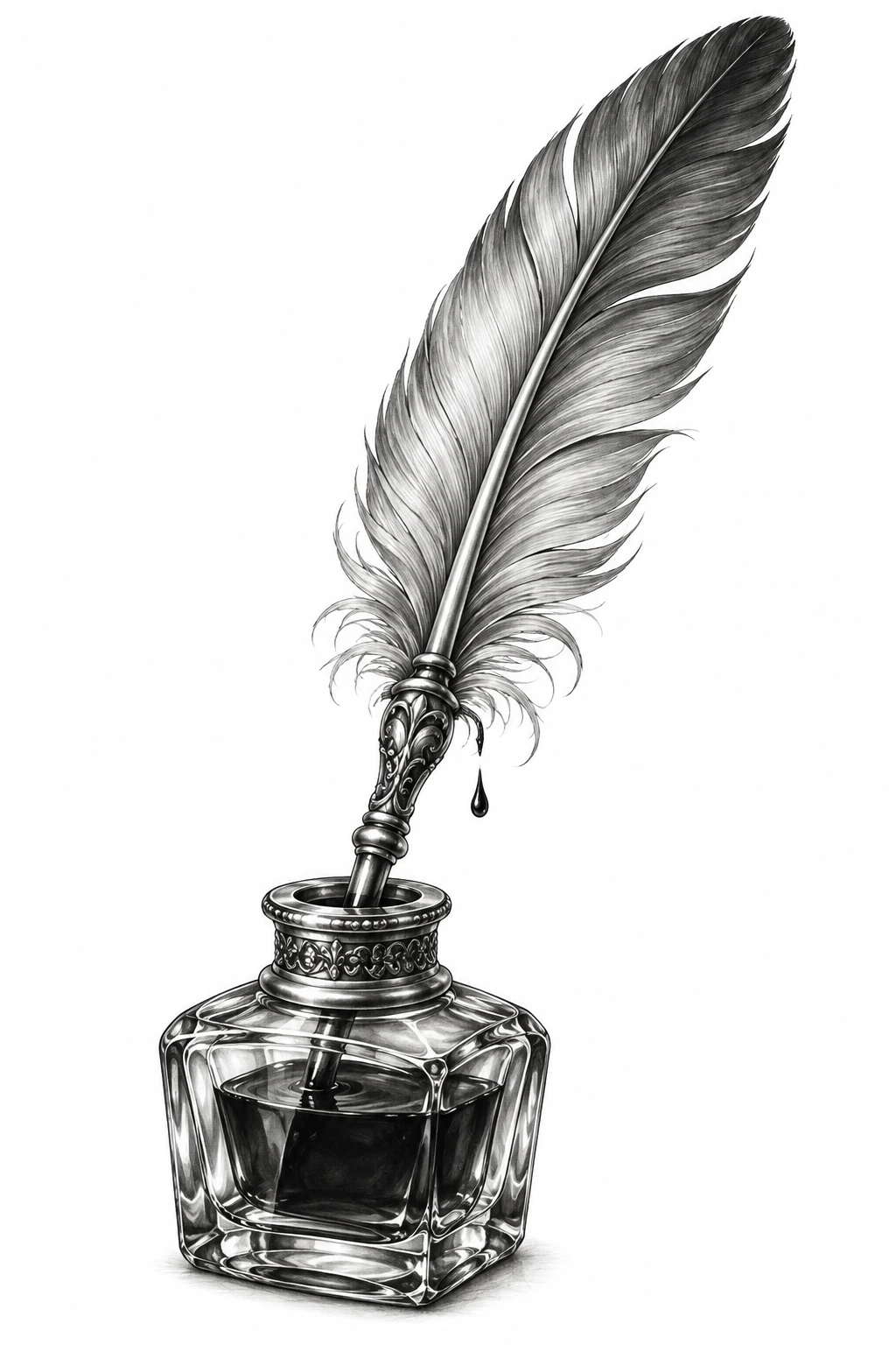 Desenho de tatuagem de Pena elegante no tinteiro de vidro, modelo NR-0843, em preto e cinza.