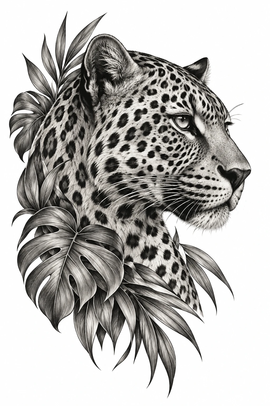 Desenho de tatuagem de Perfil de leopardo com folhas tropicais, modelo NR-0845, em preto e cinza.