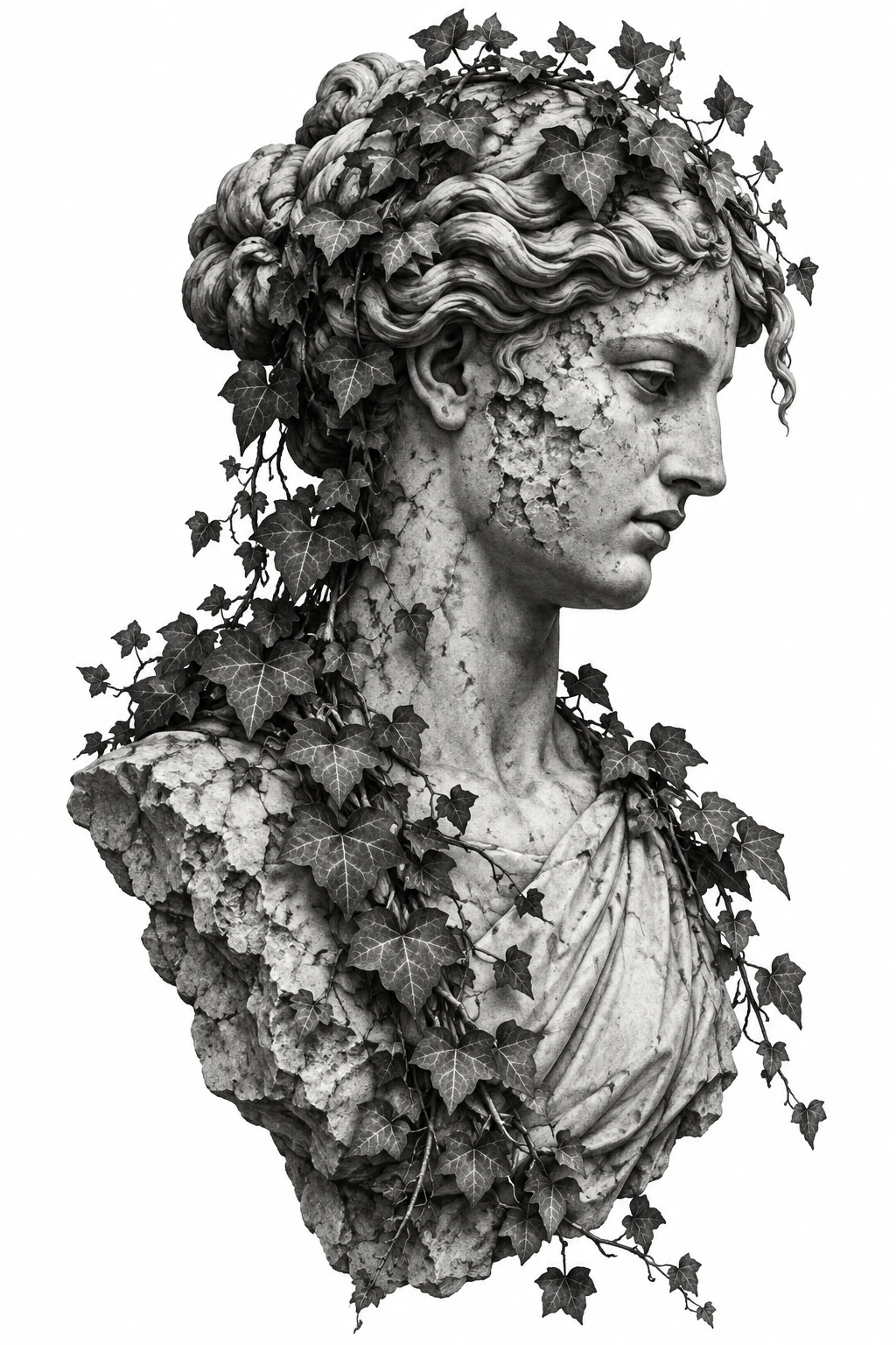 Desenho de tatuagem de Perfil de mármore com hera, modelo NR-0846, em preto e cinza.