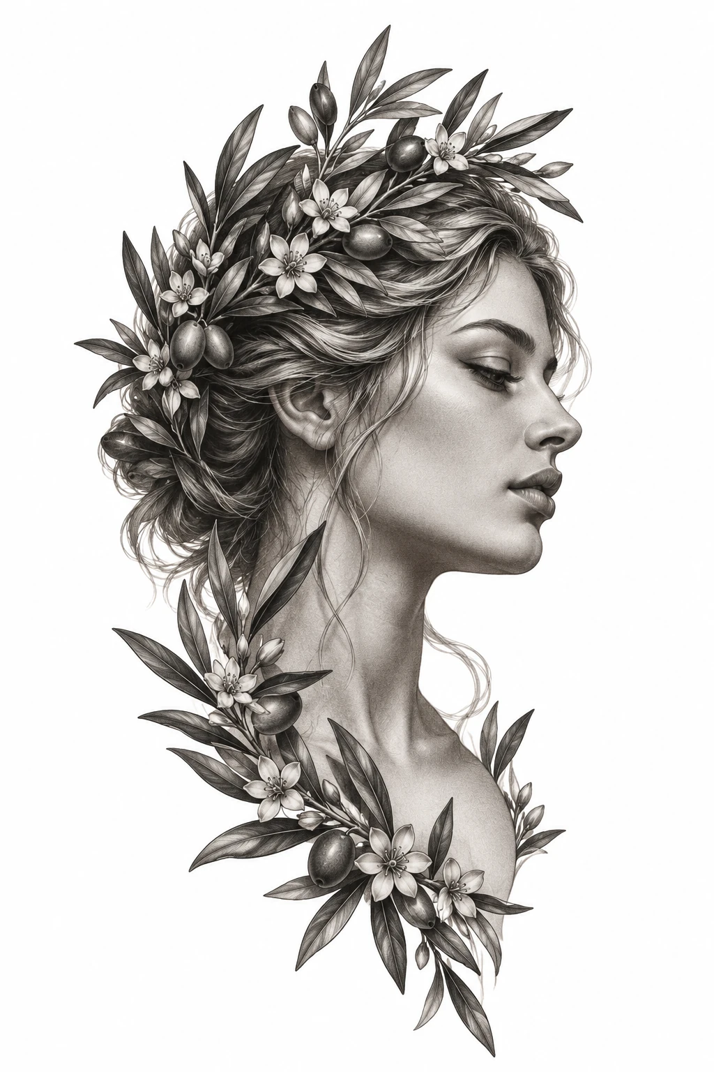 Desenho de tatuagem de Perfil feminino coroado por oliveiras, modelo NR-0847, em preto e cinza.