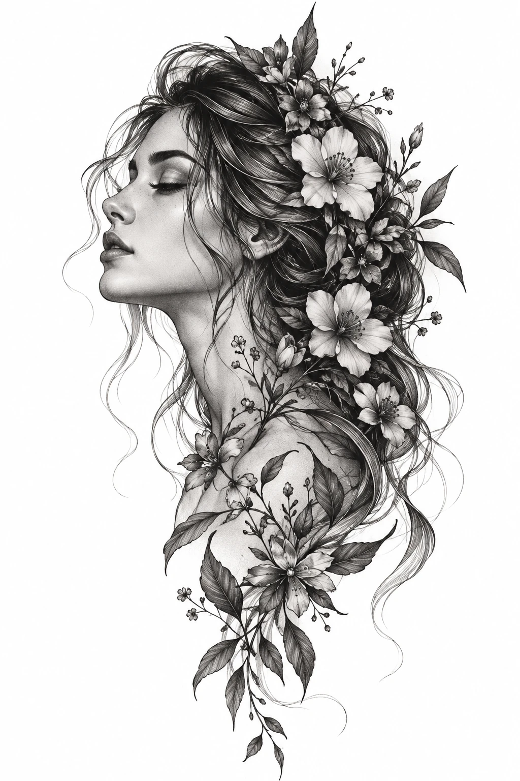 Desenho de tatuagem de Perfil sereno com cabelos floridos, modelo NR-0848, em preto e cinza.