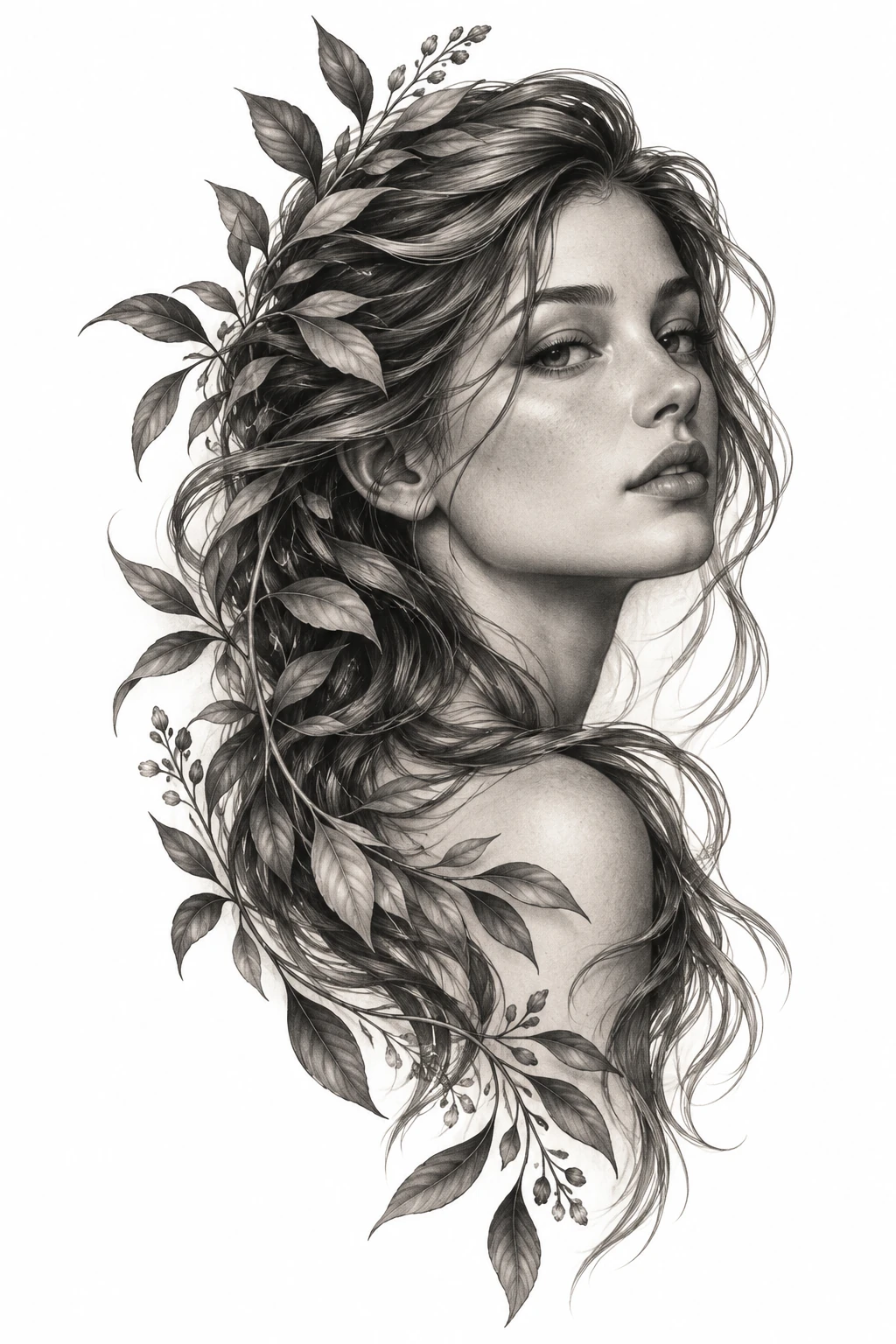 Desenho de tatuagem de Perfil sereno de cabelos botânicos, modelo NR-0849, em preto e cinza.