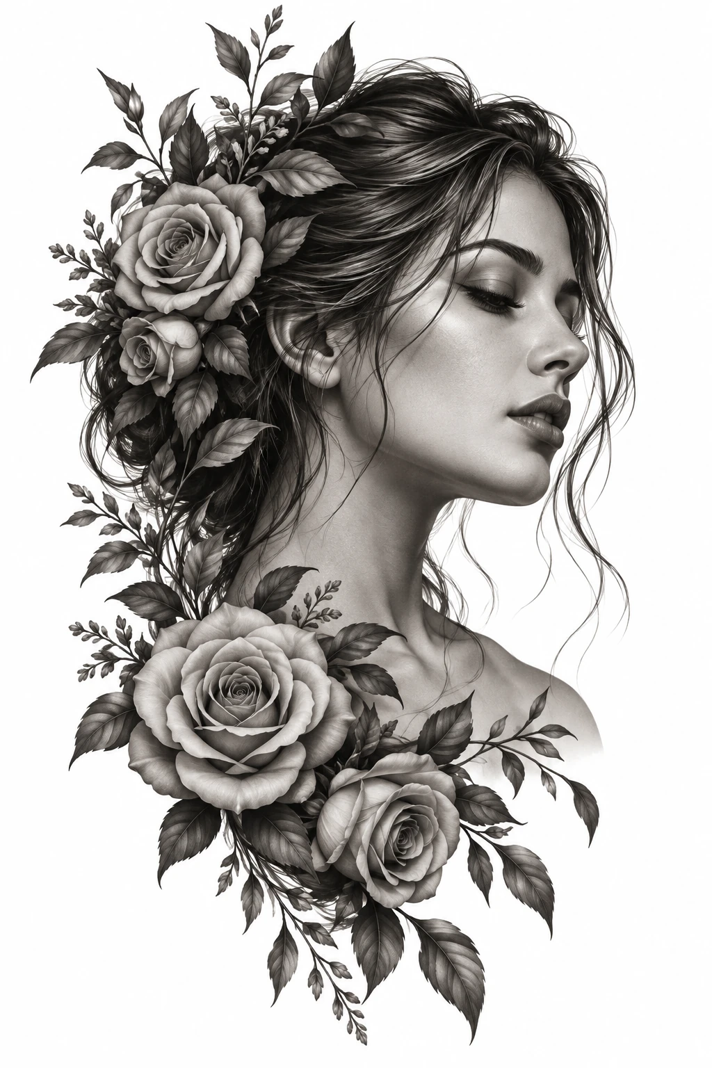 Desenho de tatuagem de Perfil sereno entre rosas e folhas, modelo NR-0850, em preto e cinza.