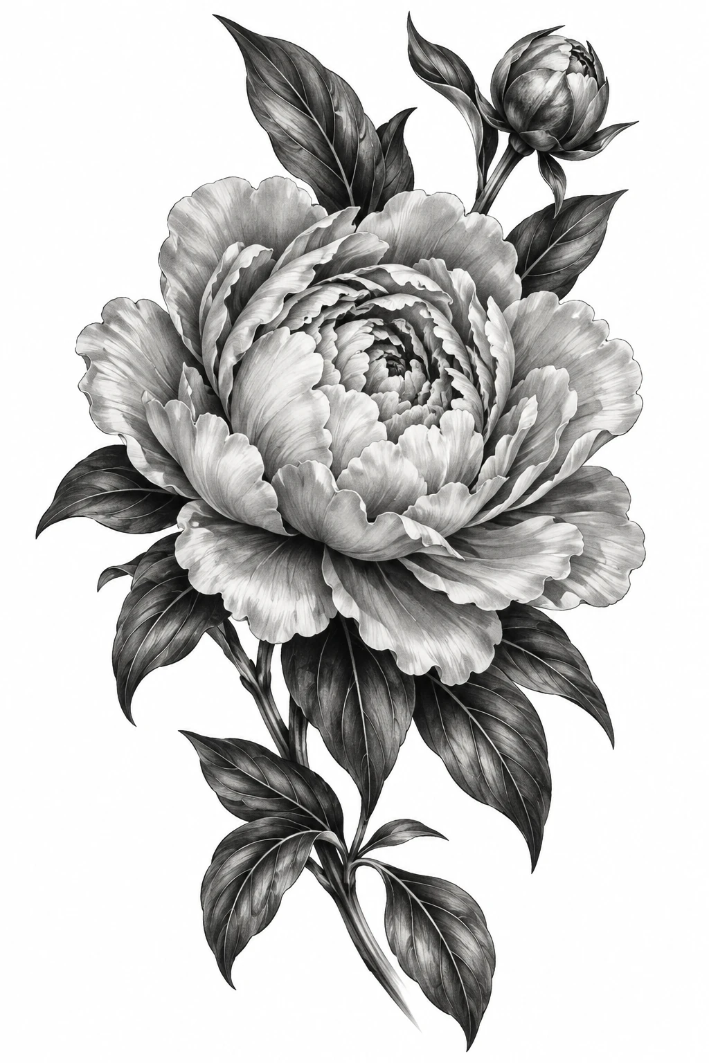 Desenho de tatuagem de Peônia botânica em preto e cinza, modelo NR-0851, em preto e cinza.