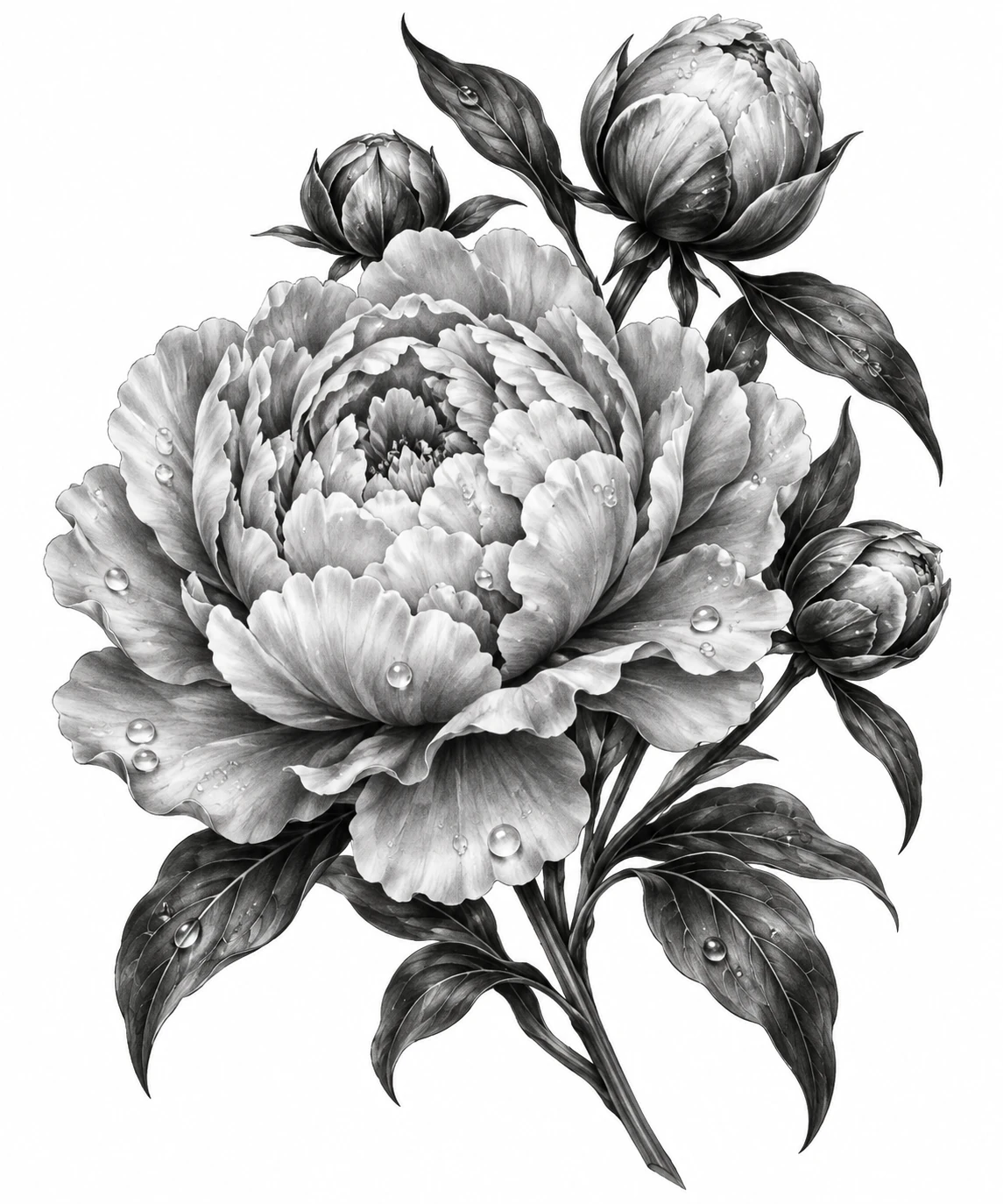 Desenho de tatuagem de Peônia realista com brotos e folhas, modelo NR-0852, em preto e cinza.