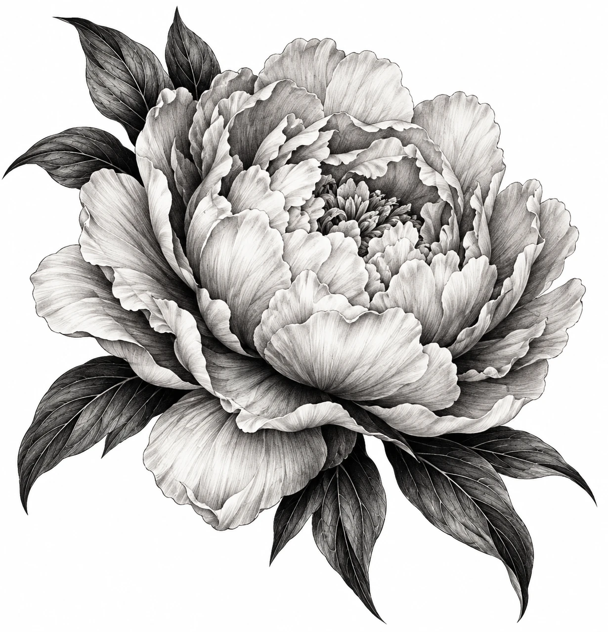 Desenho de tatuagem de Peônia realista em preto e cinza(1), modelo NR-0853, em preto e cinza.