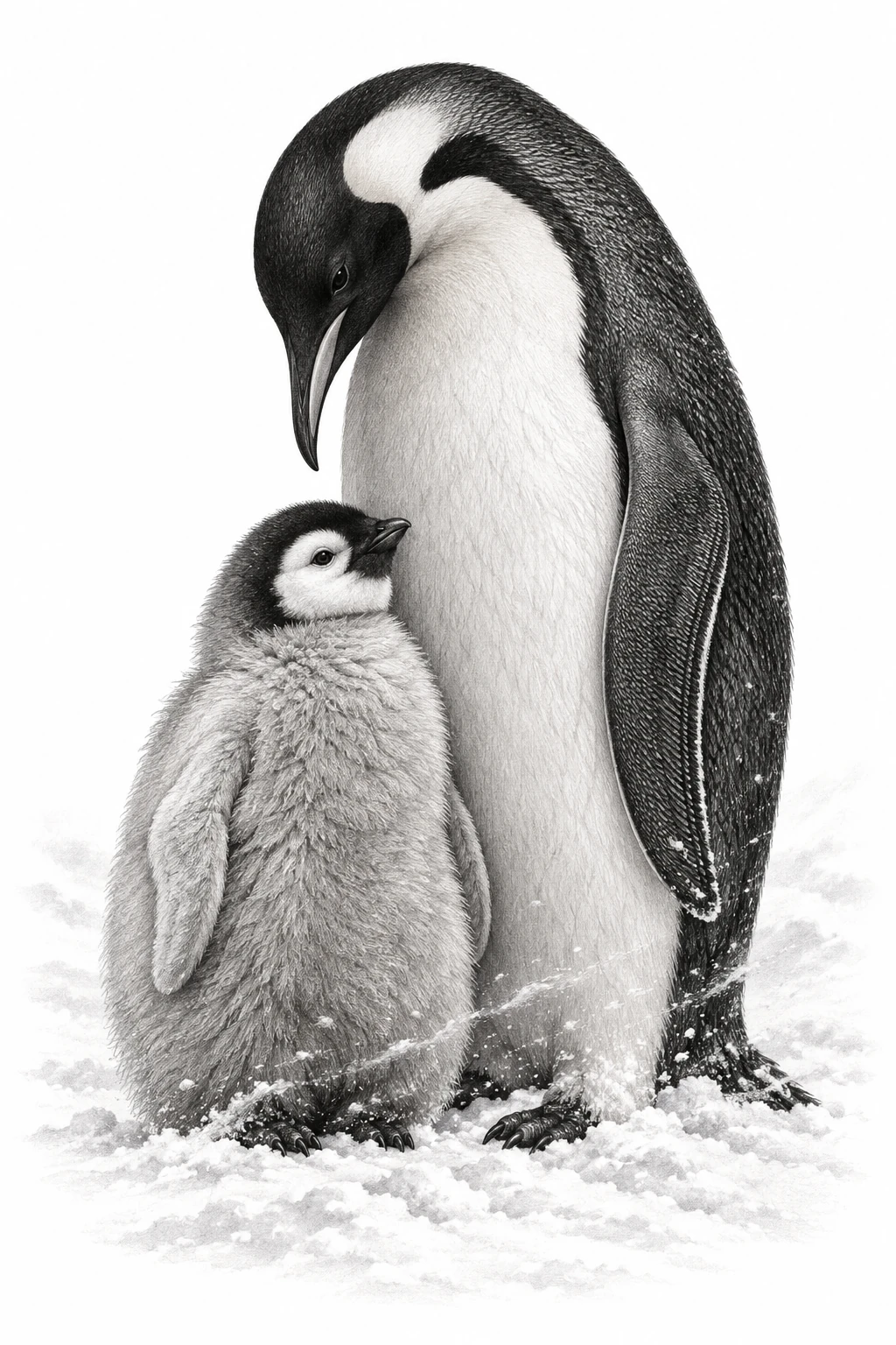 Desenho de tatuagem de Pinguim-imperador e filhote na neve, modelo NR-0854, em preto e cinza.