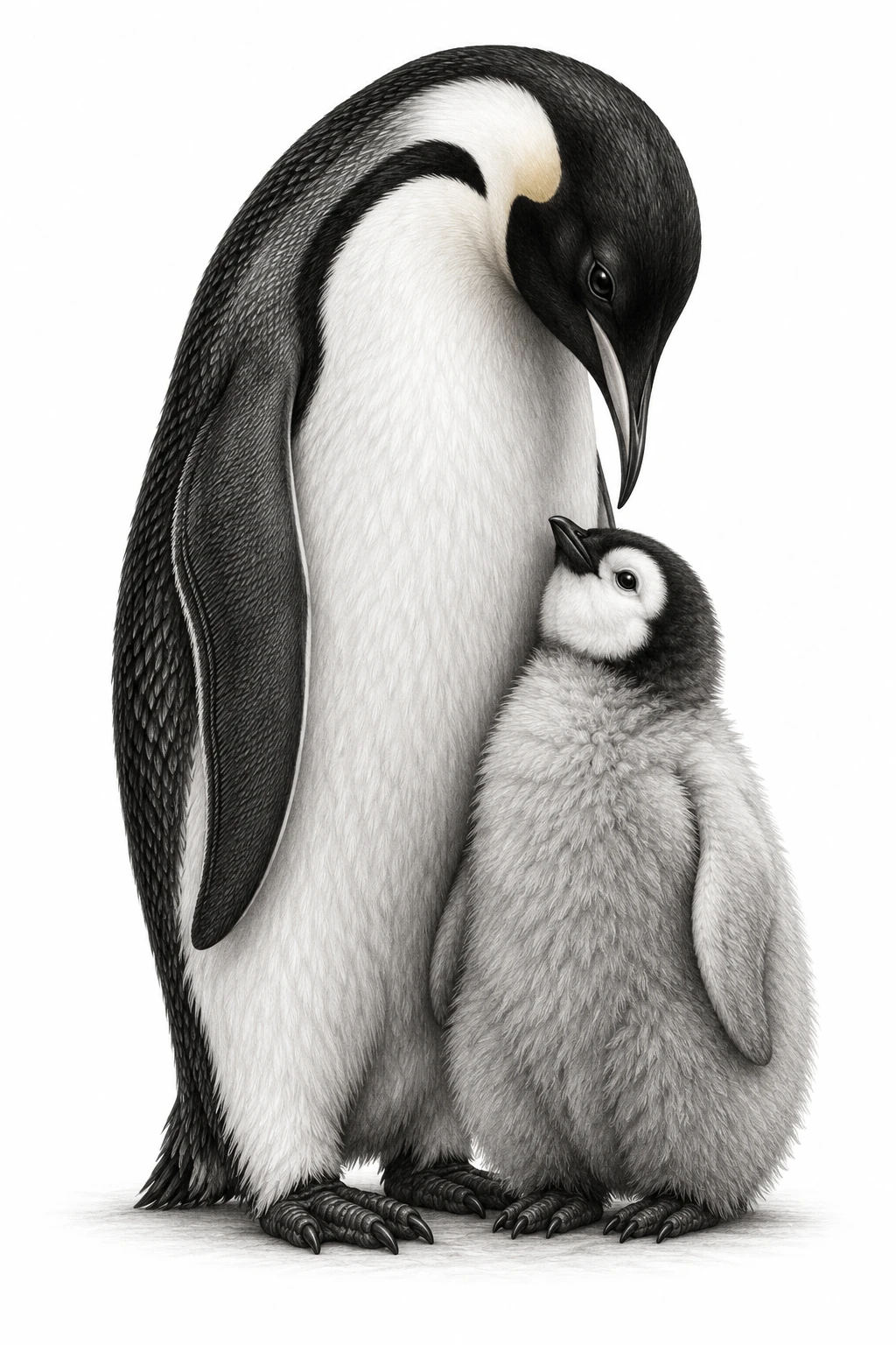 Desenho de tatuagem de Pinguim-imperador protegendo seu filhote, modelo NR-0855, em preto e cinza.