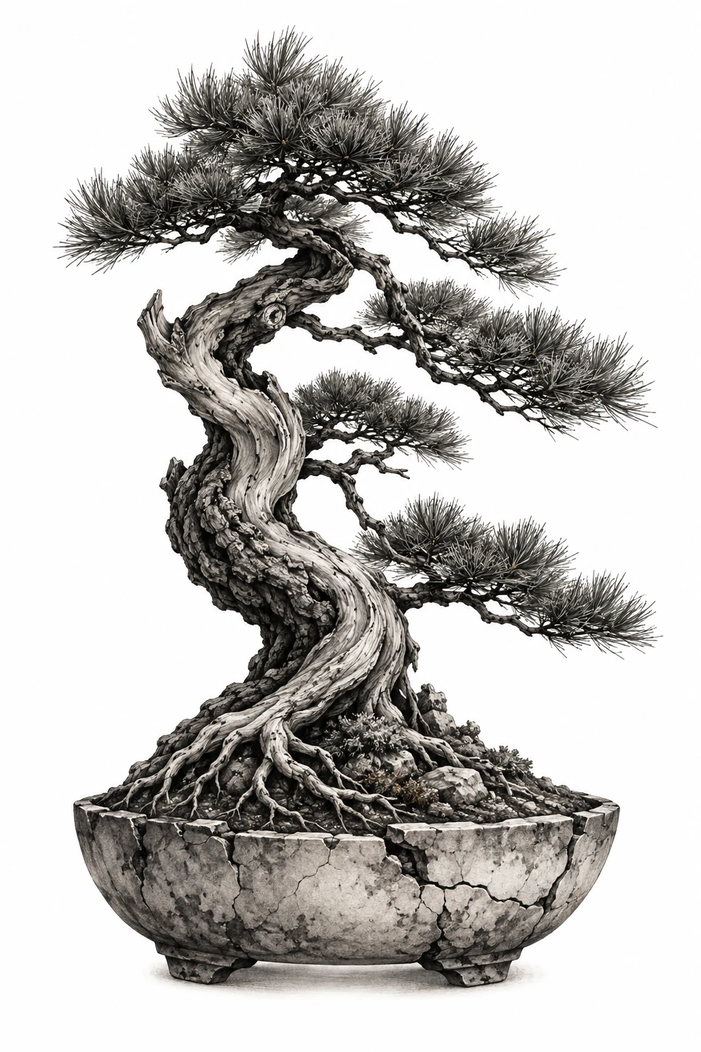 Desenho de tatuagem de Pinheiro bonsai em vaso rachado, modelo NR-0856, em preto e cinza.