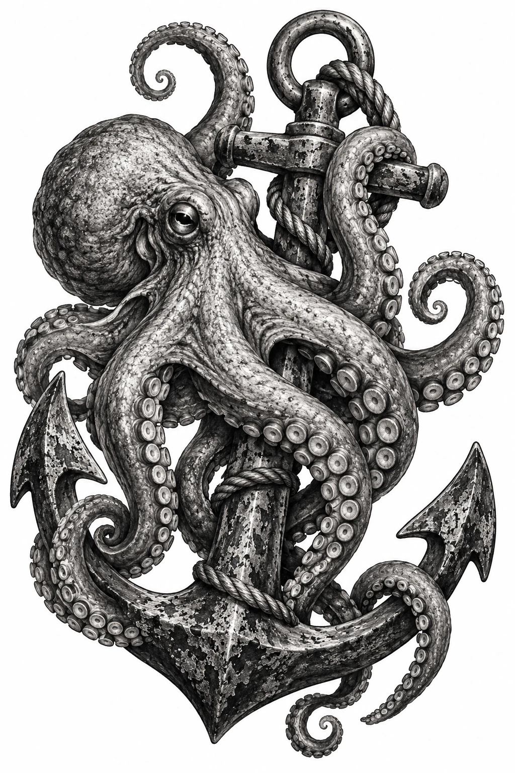 Desenho de tatuagem de Polvo abraçando uma âncora antiga, modelo NR-0857, em preto e cinza.