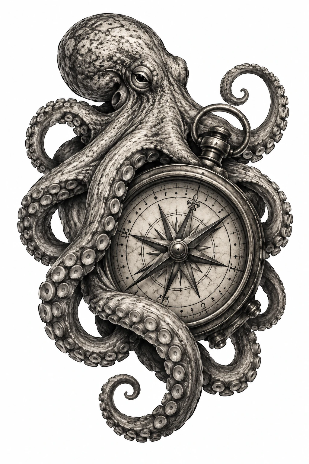 Desenho de tatuagem de Polvo e bússola antiga, modelo NR-0858, em preto e cinza.