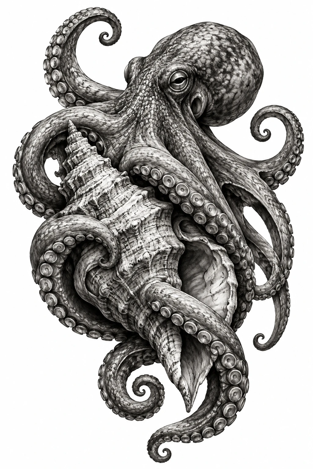 Desenho de tatuagem de Polvo elegante envolvendo concha antiga, modelo NR-0859, em preto e cinza.