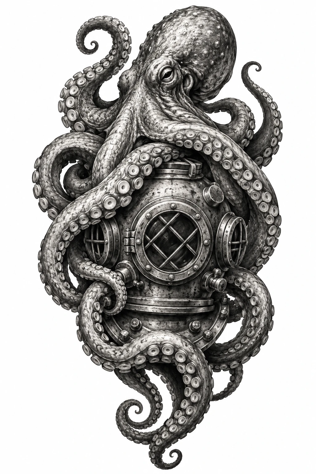 Desenho de tatuagem de Polvo enroscado em capacete de mergulho, modelo NR-0860, em preto e cinza.