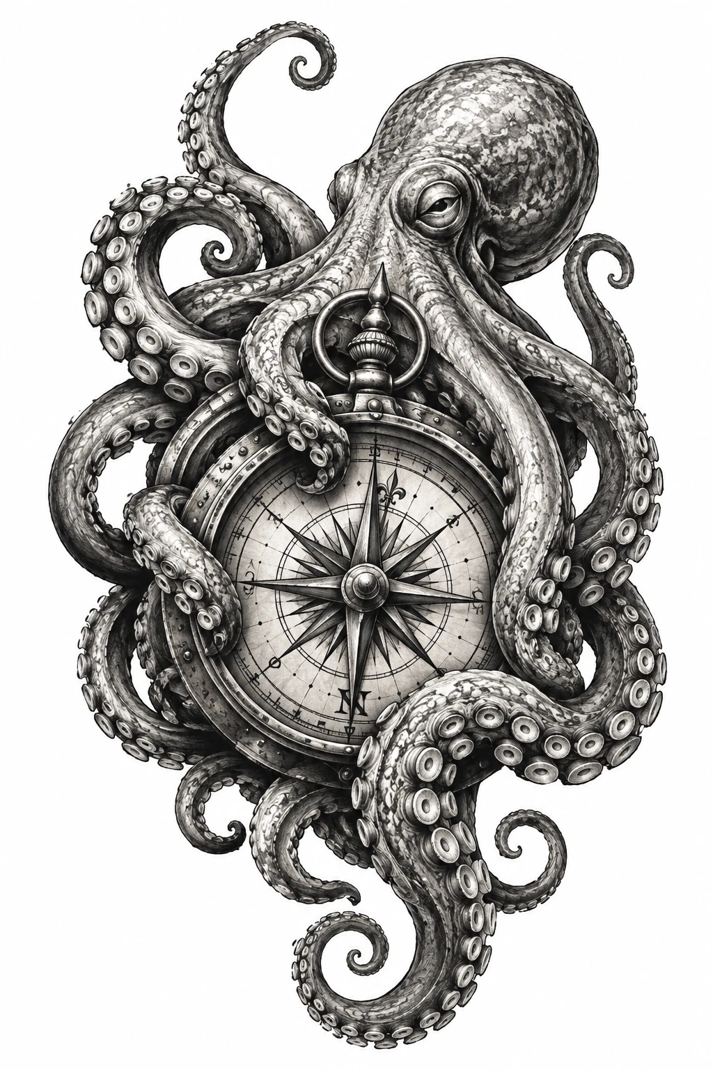 Desenho de tatuagem de Polvo envolvendo bússola antiga, modelo NR-0861, em preto e cinza.