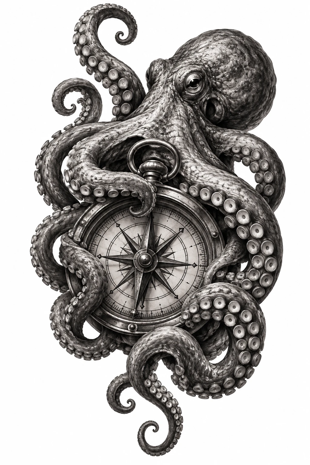 Desenho de tatuagem de Polvo envolvendo bússola náutica, modelo NR-0862, em preto e cinza.