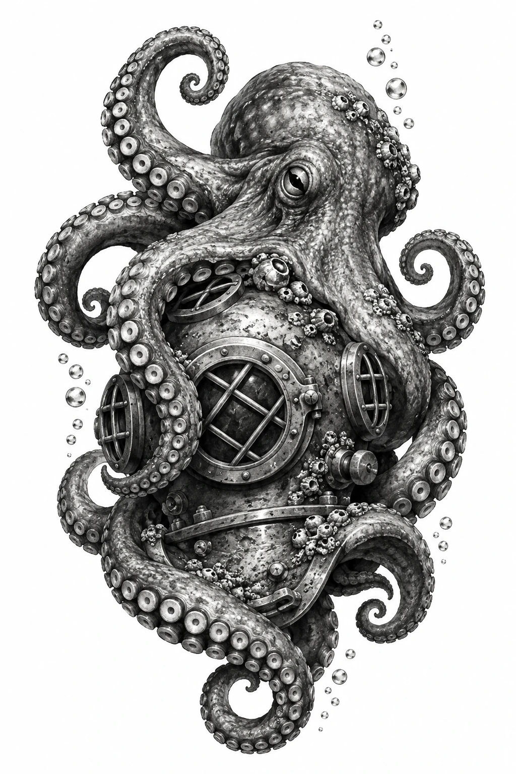 Desenho de tatuagem de Polvo envolvendo capacete de mergulho antigo(1), modelo NR-0863, em preto e cinza.