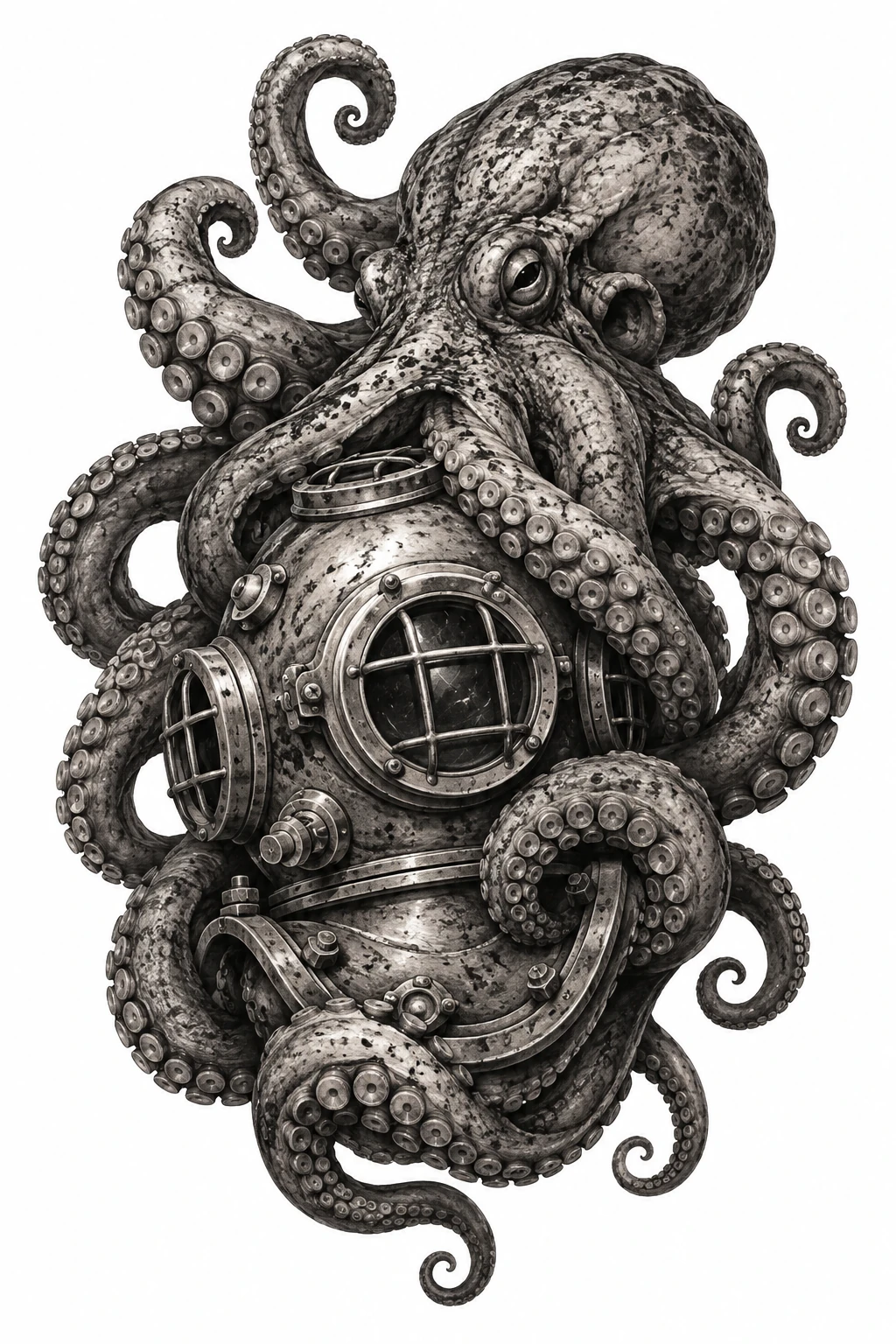 Desenho de tatuagem de Polvo envolvendo capacete de mergulho antigo(2), modelo NR-0864, em preto e cinza.