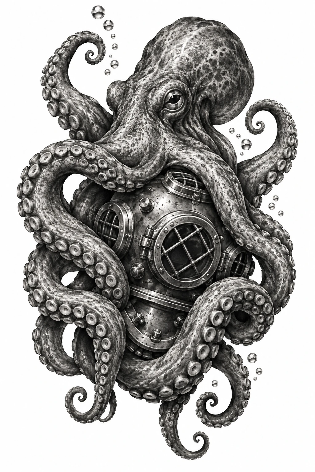 Desenho de tatuagem de Polvo envolvendo capacete de mergulho antigo, modelo NR-0865, em preto e cinza.