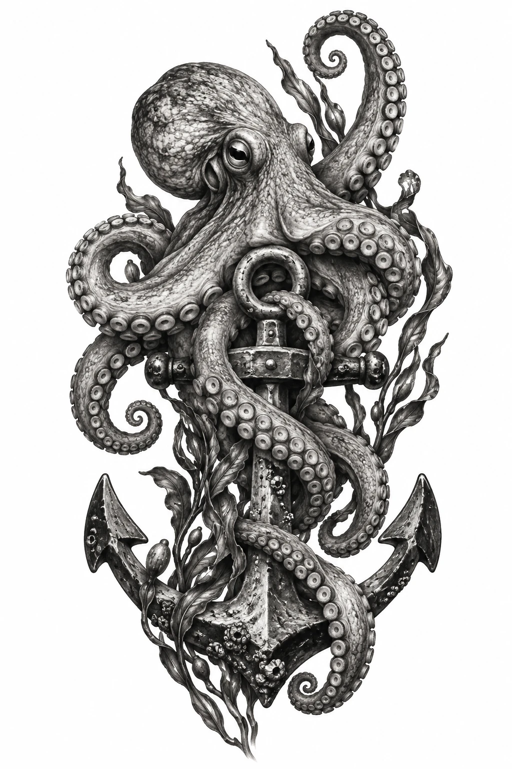 Desenho de tatuagem de Polvo envolvendo uma âncora náutica, modelo NR-0866, em preto e cinza.