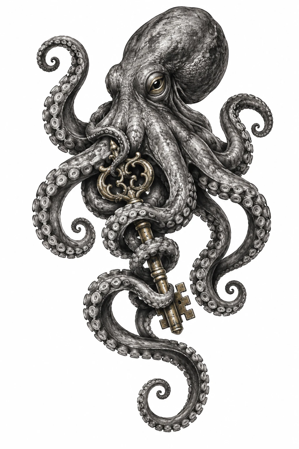 Desenho de tatuagem de Polvo realista envolvendo chave antiga, modelo NR-0867, em preto e cinza.