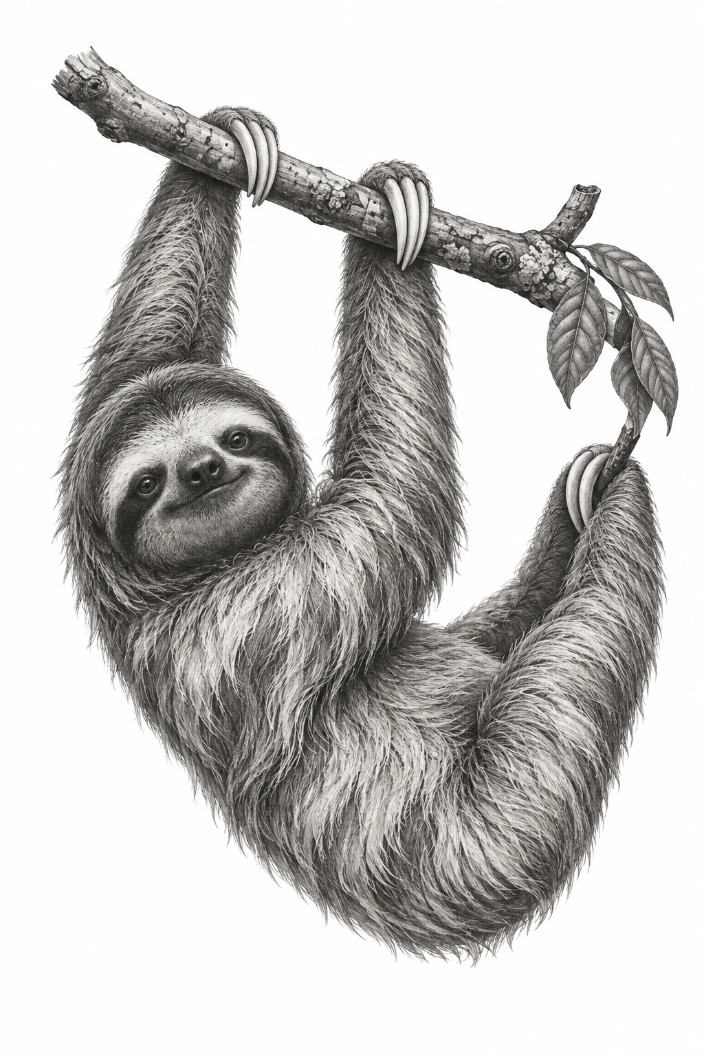 Desenho de tatuagem de Preguiça-realista pendurada em galho, modelo NR-0868, em preto e cinza.