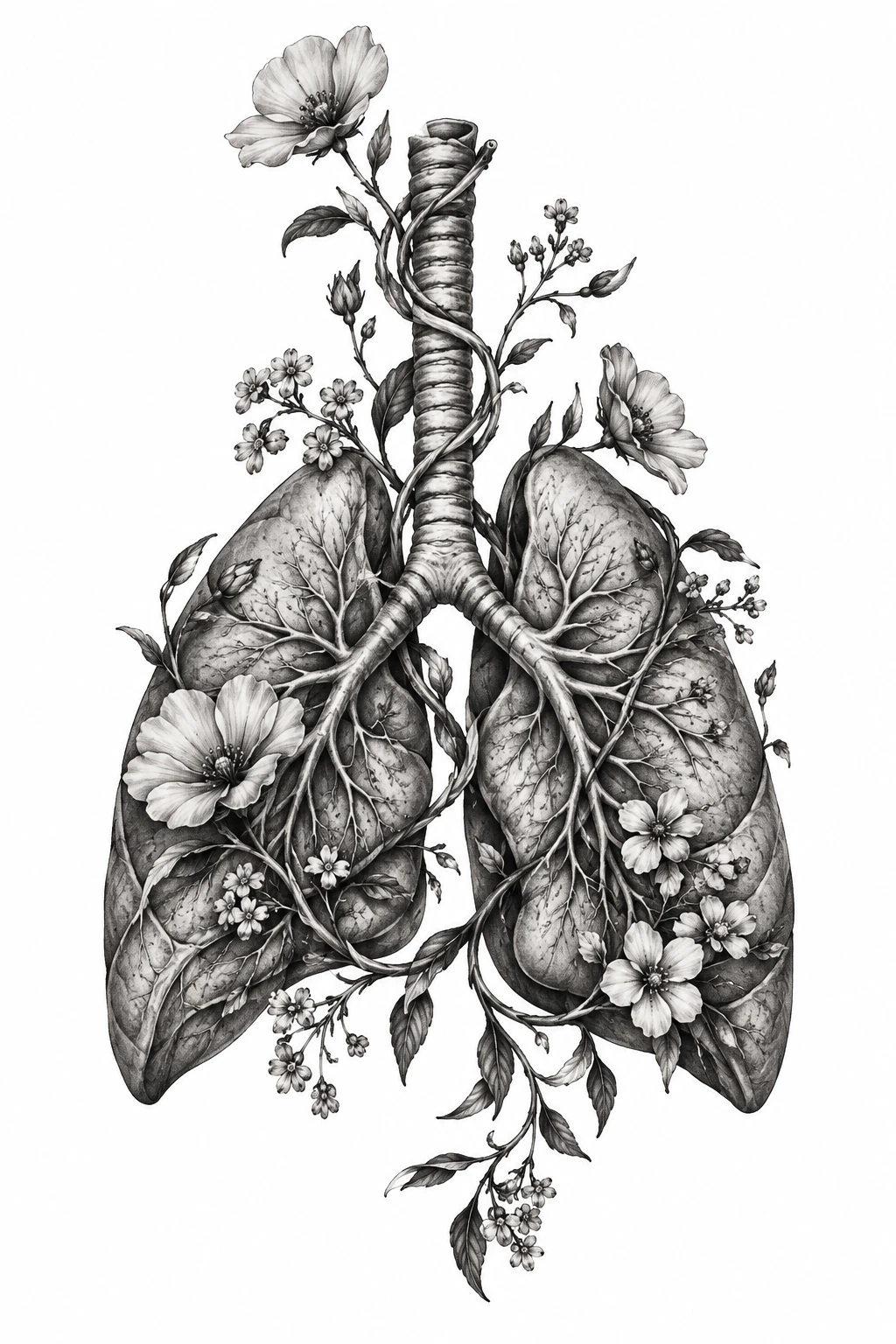 Desenho de tatuagem de Pulmões anatômicos entrelaçados com flores silvestres, modelo NR-0870, em preto e cinza.