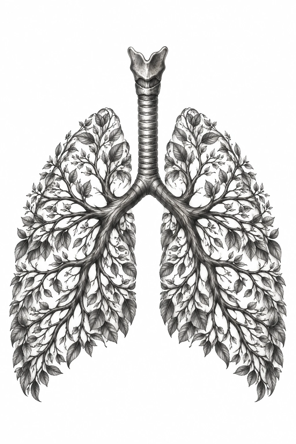 Desenho de tatuagem de Pulmões entre galhos e folhas, modelo NR-0871, em preto e cinza.