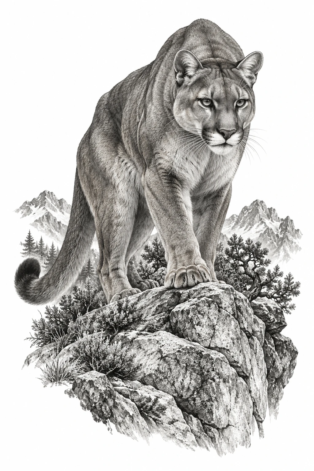 Desenho de tatuagem de Puma imponente sobre o penhasco, modelo NR-0872, em preto e cinza.
