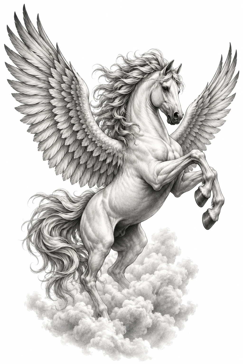 Desenho de tatuagem de Pégaso alado sobre nuvens suaves, modelo NR-0873, em preto e cinza.