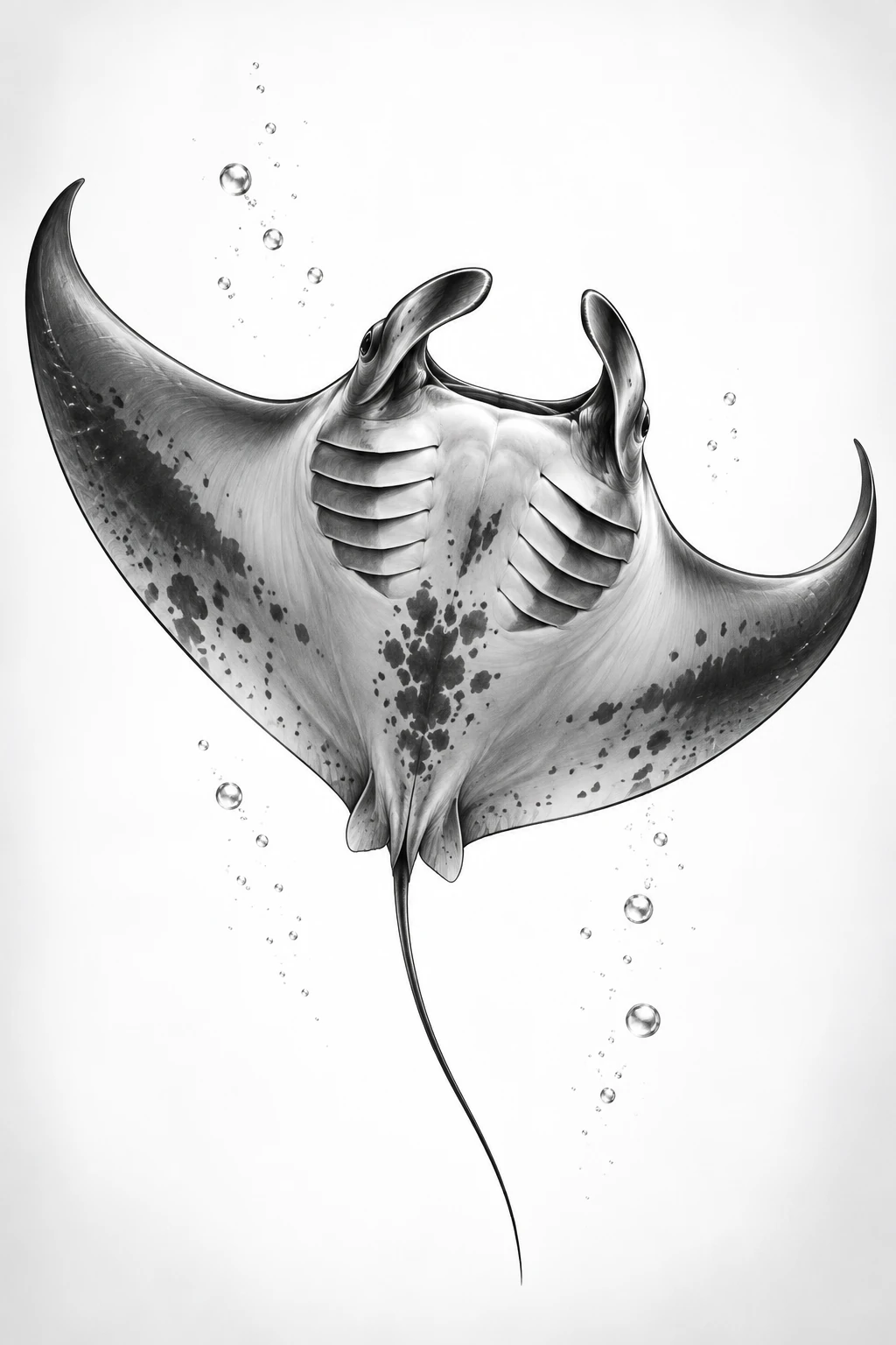 Desenho de tatuagem de Raia-manta em voo silencioso, modelo NR-0876, em preto e cinza.