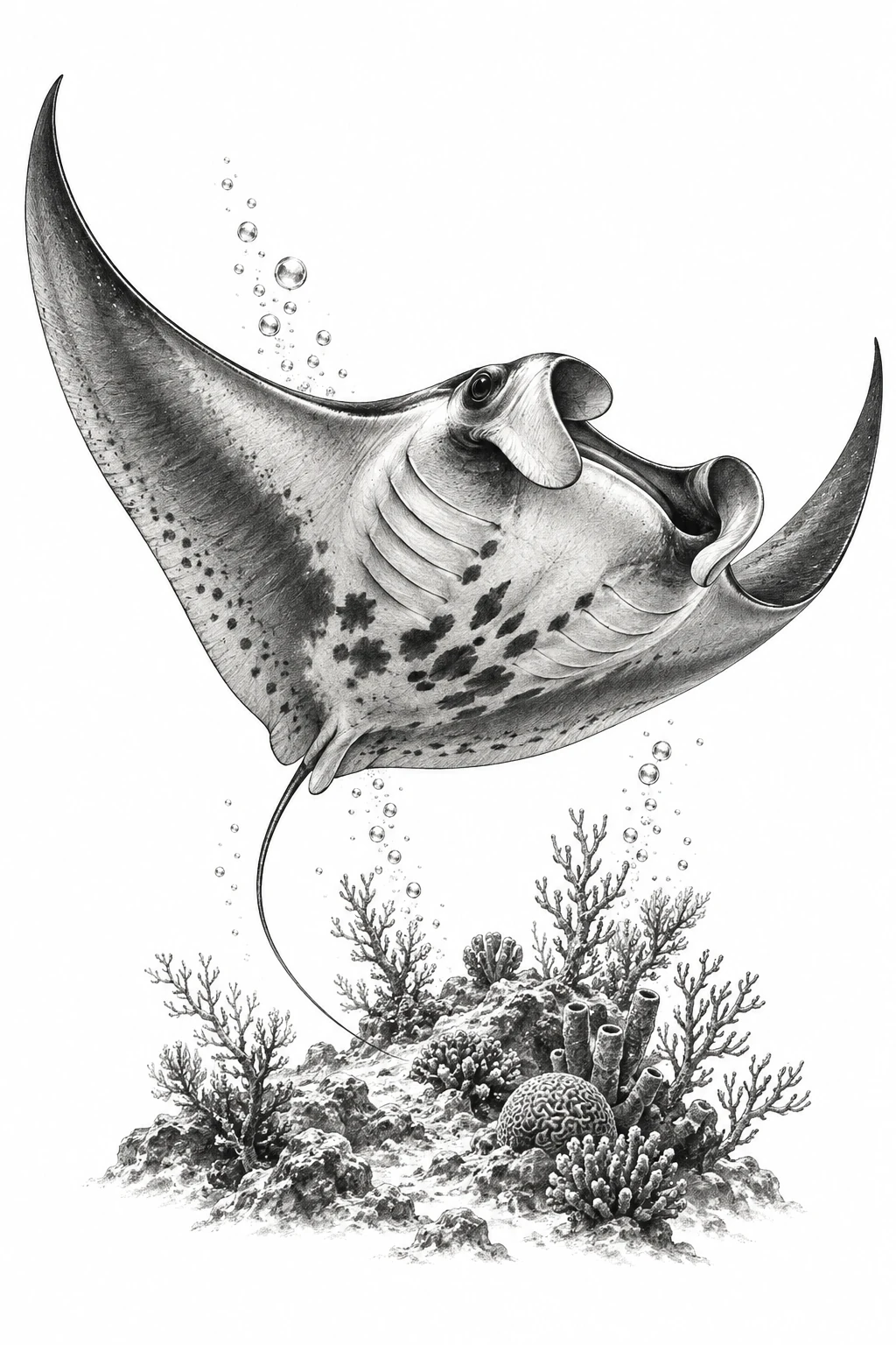 Desenho de tatuagem de Raia-manta planando sobre recife coralino, modelo NR-0877, em preto e cinza.
