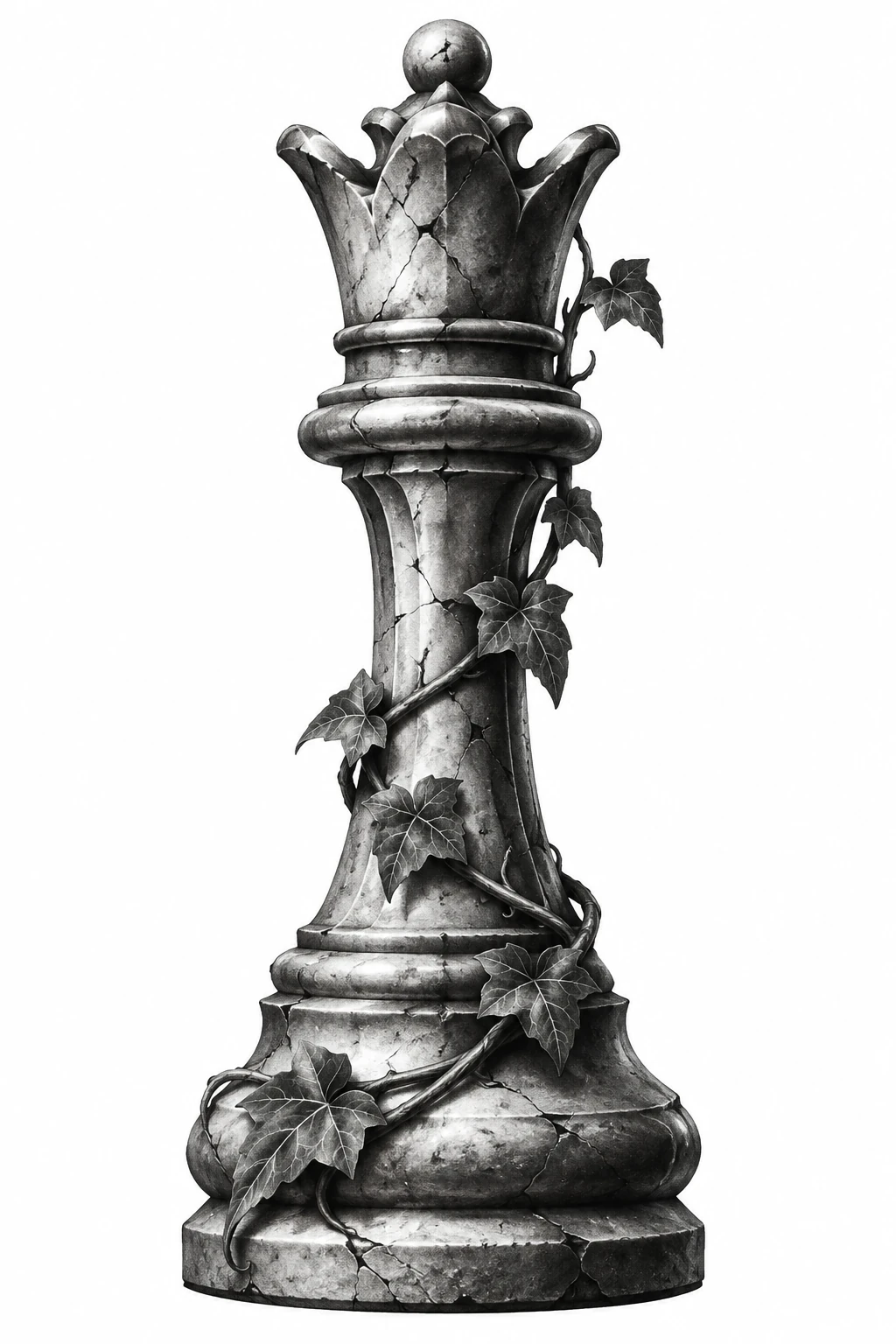 Desenho de tatuagem de Rainha de xadrez com hera, modelo NR-0878, em preto e cinza.
