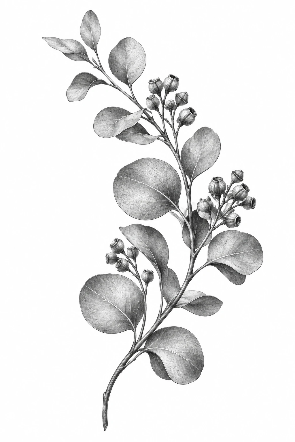 Desenho de tatuagem de Ramo curvo de eucalipto em grafite, modelo NR-0879, em preto e cinza.
