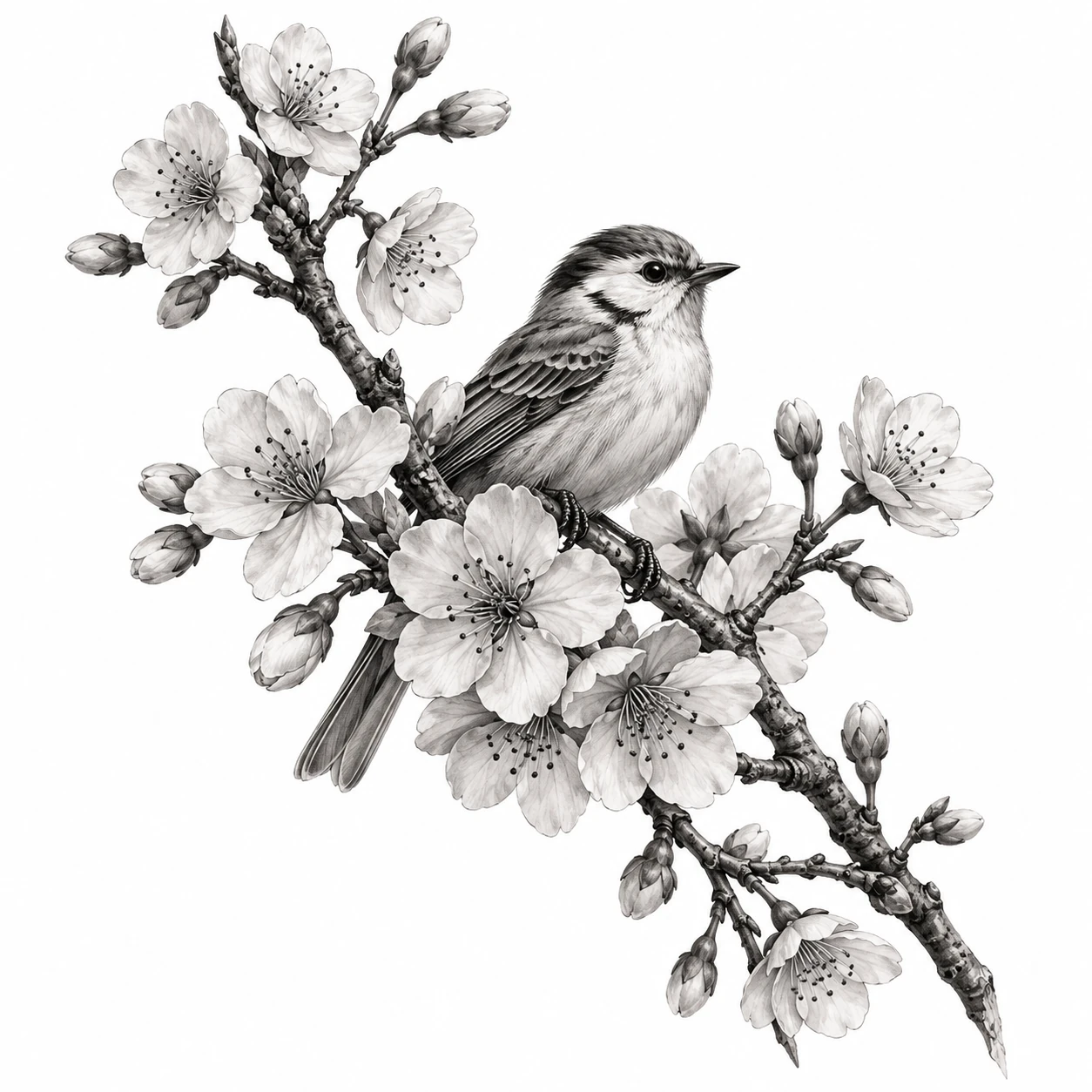 Desenho de tatuagem de Ramo de cerejeira com pássaro, modelo NR-0880, em preto e cinza.