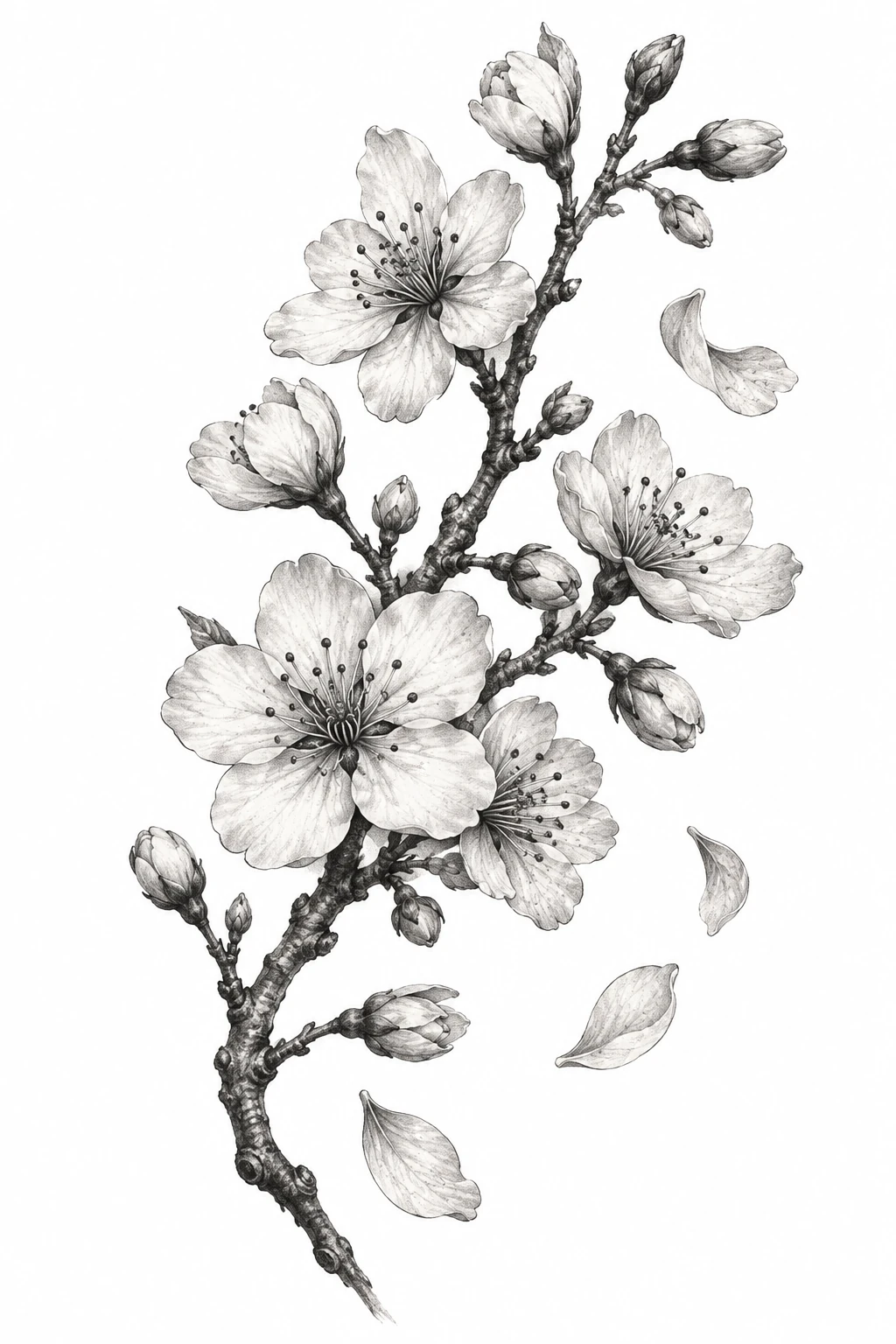 Desenho de tatuagem de Ramo de cerejeira em flor, modelo NR-0881, em preto e cinza.