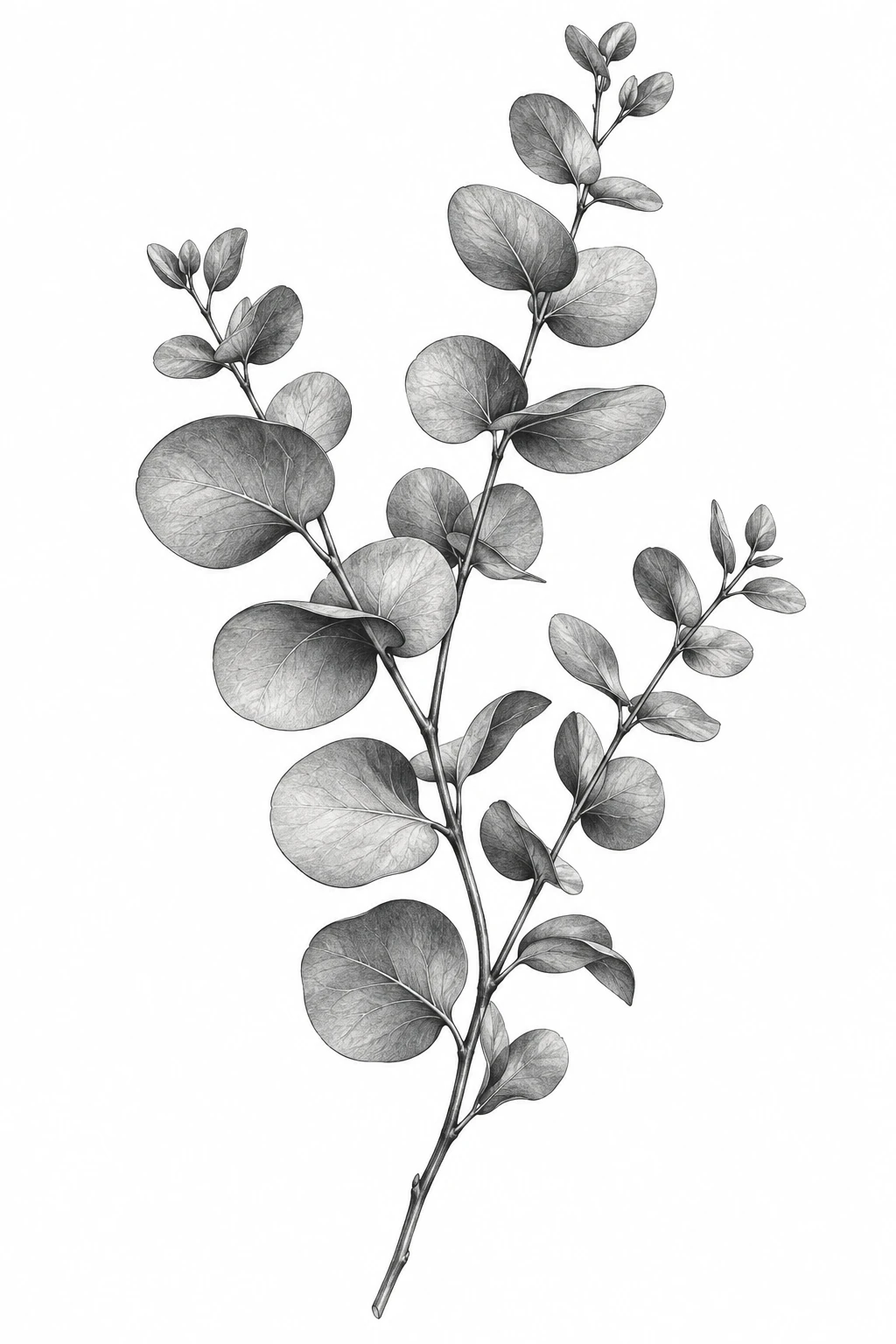 Desenho de tatuagem de Ramo de eucalipto em preto e cinza, modelo NR-0882, em preto e cinza.