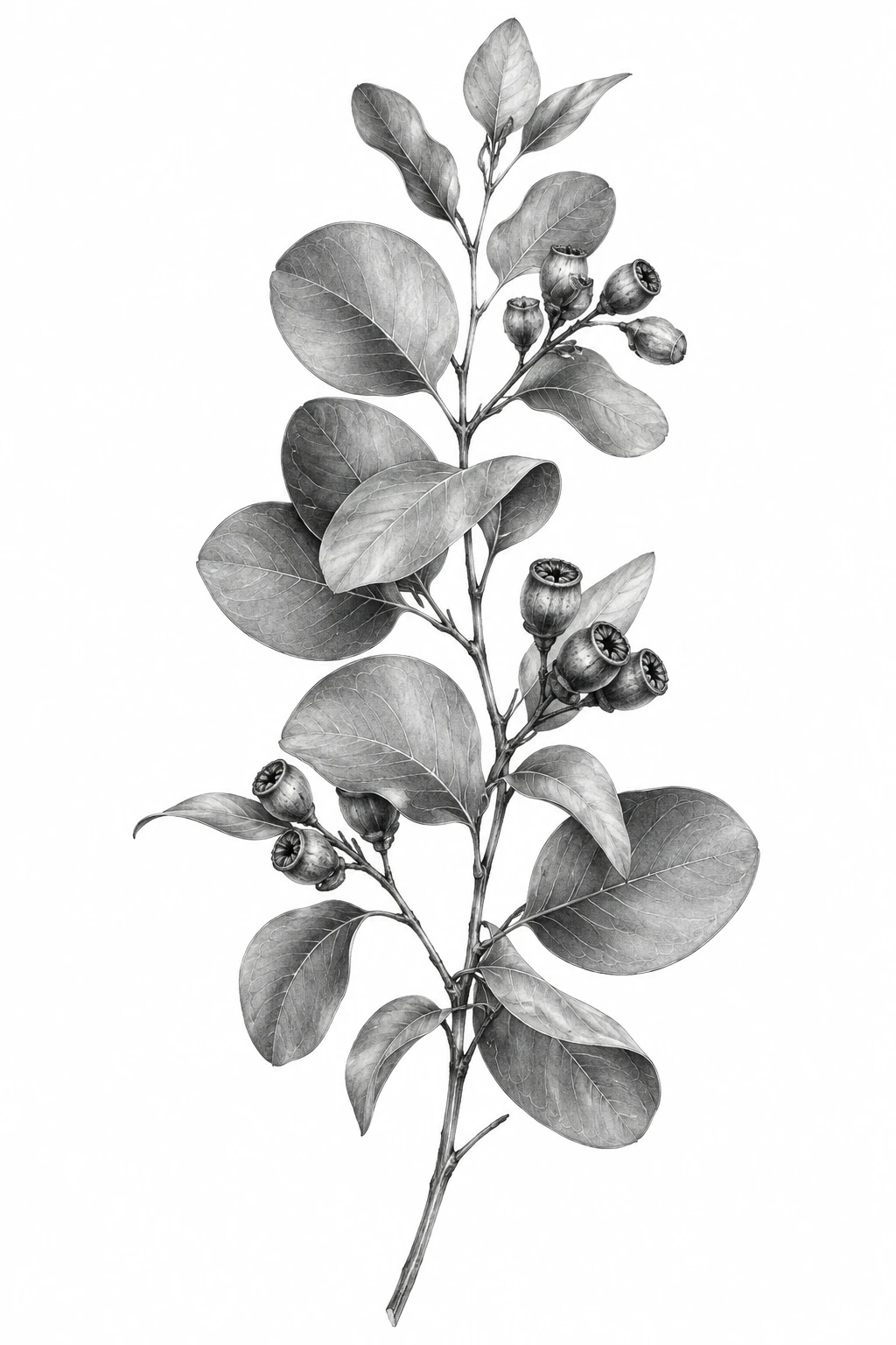 Desenho de tatuagem de Ramo de eucalipto realista, modelo NR-0883, em preto e cinza.