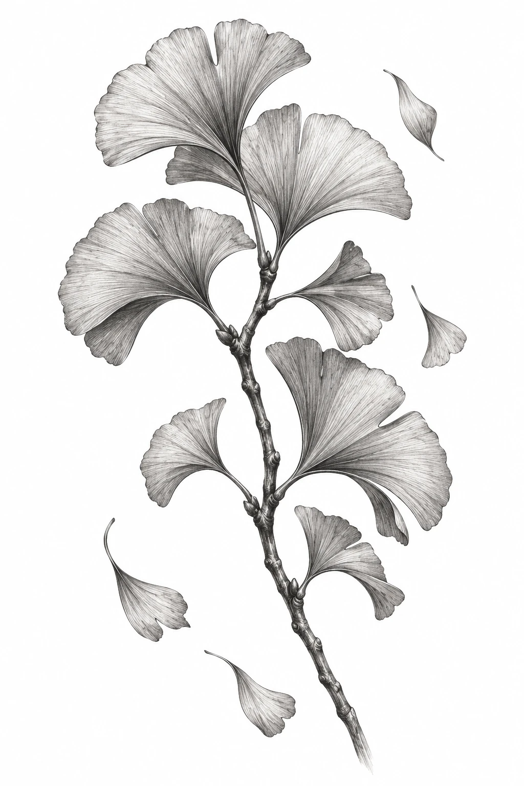 Desenho de tatuagem de Ramo de ginkgo e folhas flutuantes, modelo NR-0884, em preto e cinza.