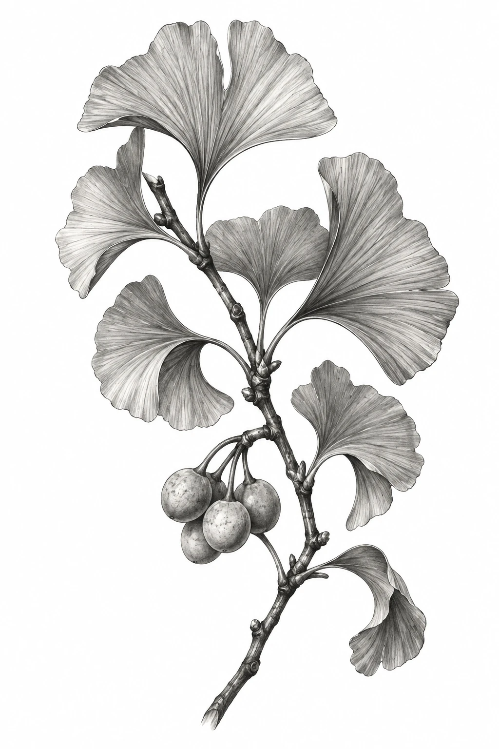 Desenho de tatuagem de Ramo de ginkgo realista, modelo NR-0885, em preto e cinza.