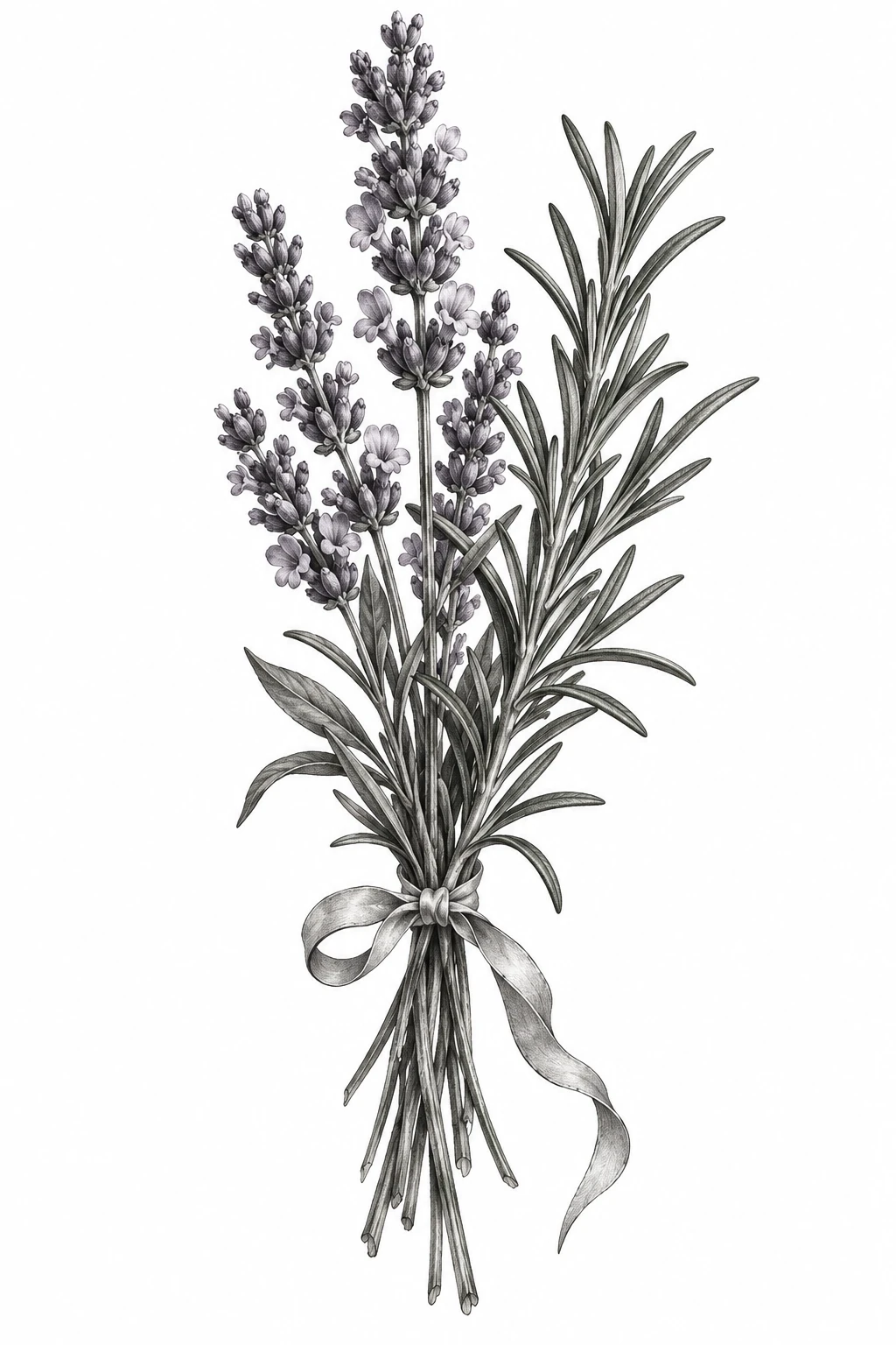 Desenho de tatuagem de Ramo de lavanda e alecrim, modelo NR-0886, em preto e cinza.