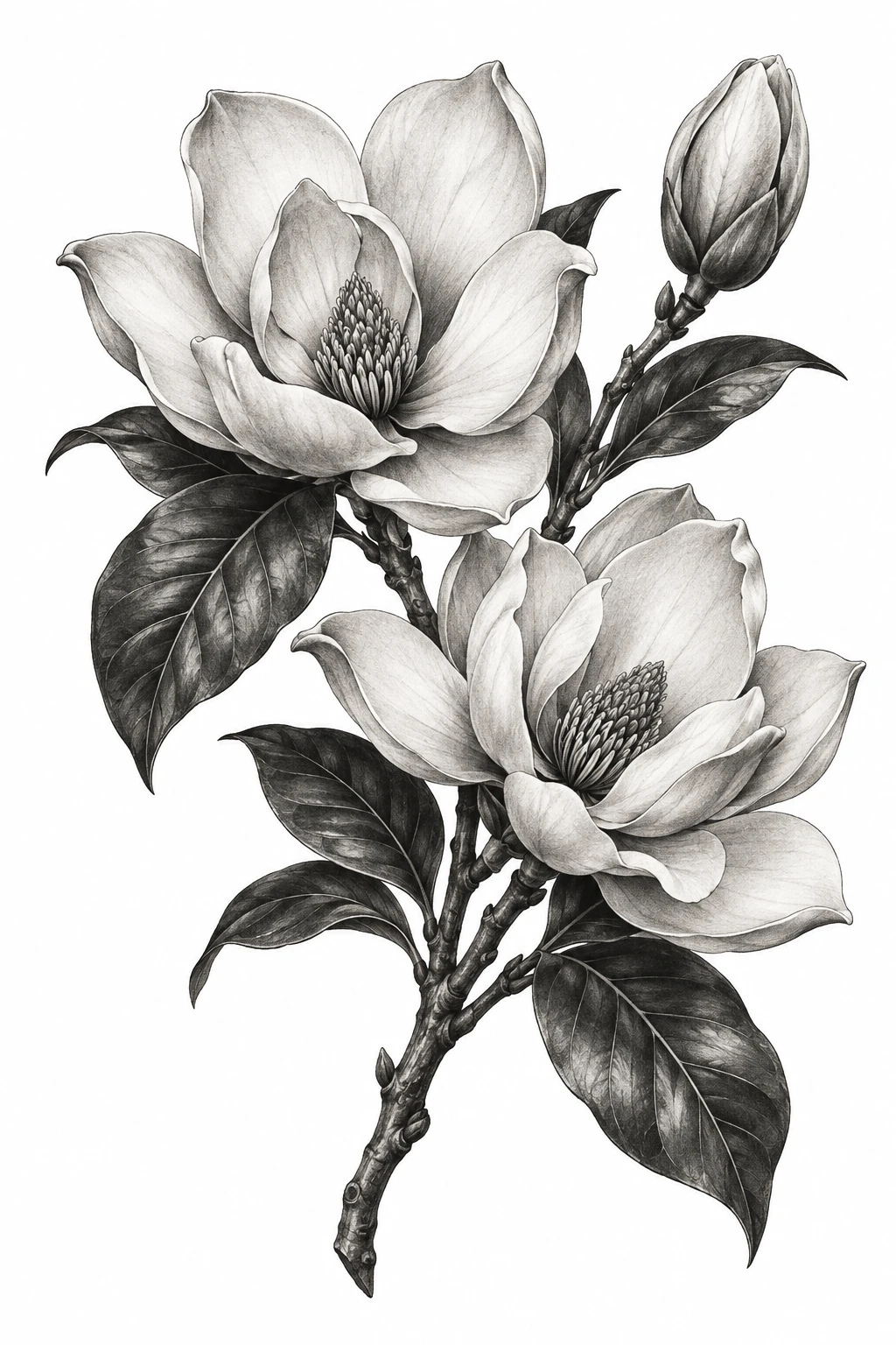 Desenho de tatuagem de Ramo de magnólia em preto e cinza, modelo NR-0887, em preto e cinza.