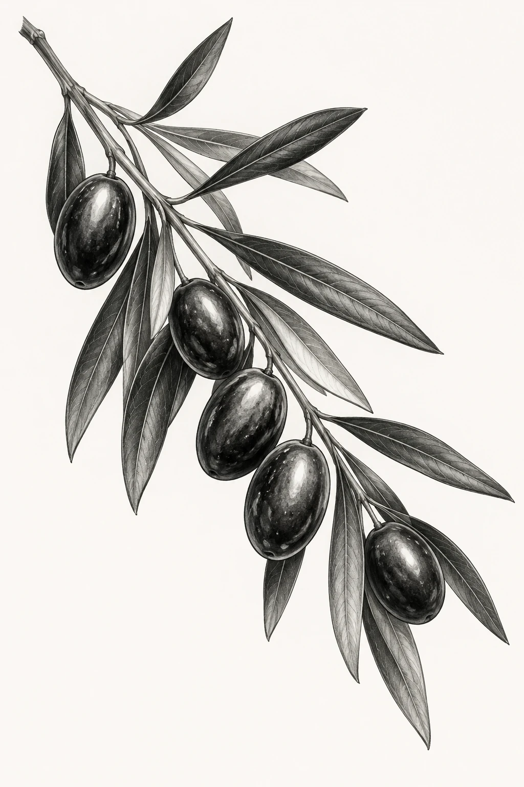 Desenho de tatuagem de Ramo de oliveira em traço delicado, modelo NR-0889, em preto e cinza.