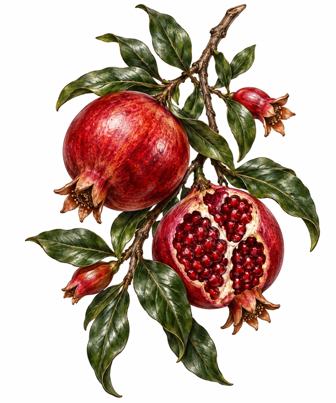 Desenho de tatuagem de Ramo de romã com fruto aberto, modelo NR-0890, em preto e cinza.