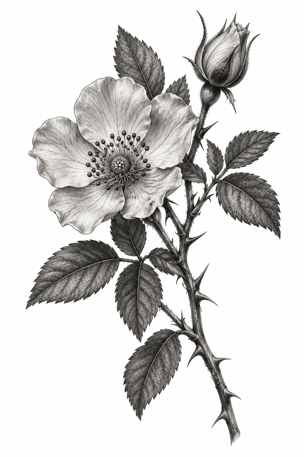 Desenho de tatuagem de Ramo realista de rosas silvestres, modelo NR-0892, em preto e cinza.