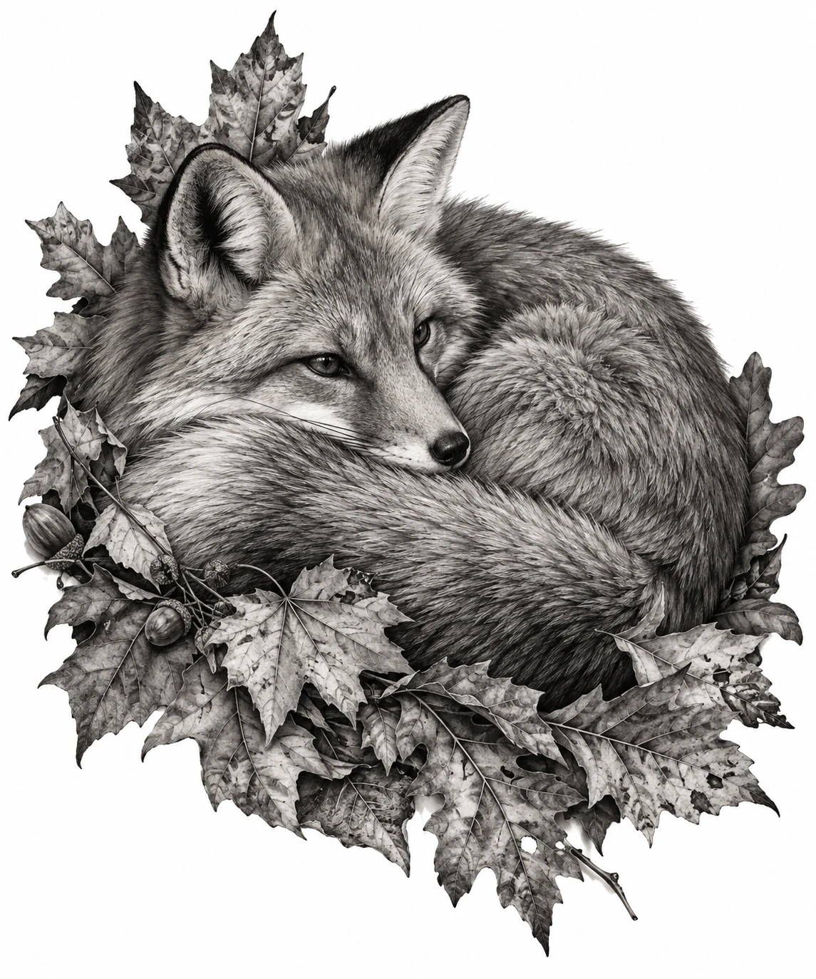 Desenho de tatuagem de Raposa adormecida entre folhas de outono, modelo NR-0893, em preto e cinza.