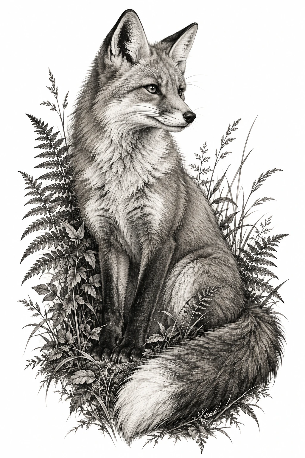 Desenho de tatuagem de Raposa alerta entre samambaias delicadas, modelo NR-0894, em preto e cinza.