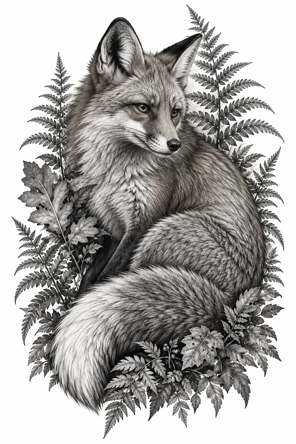 Desenho de tatuagem de Raposa em cinza entre samambaias, modelo NR-0895, em preto e cinza.