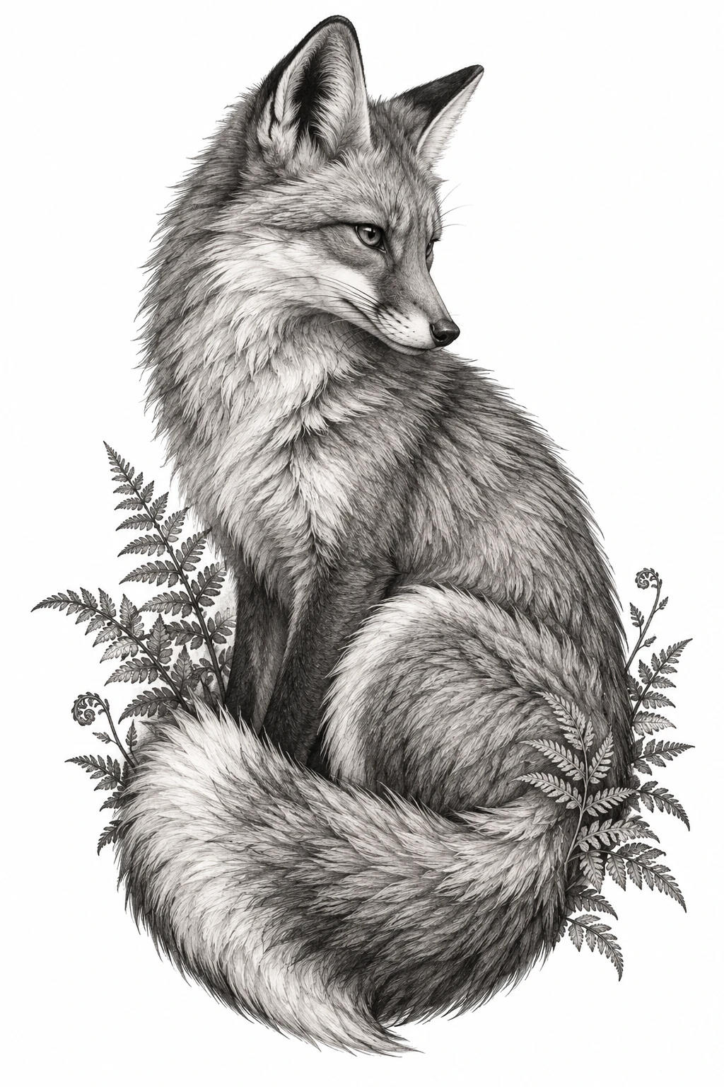 Desenho de tatuagem de Raposa em perfil com samambaias, modelo NR-0896, em preto e cinza.